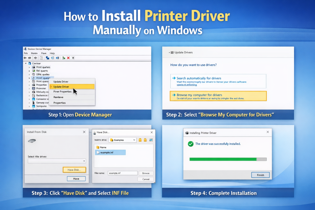 How to Install Printer Driver Manually on Windows (Complete Step-by-Step Guide) How to Install Printer Driver Manually on Windows (Complete Step-by-Step Guide)